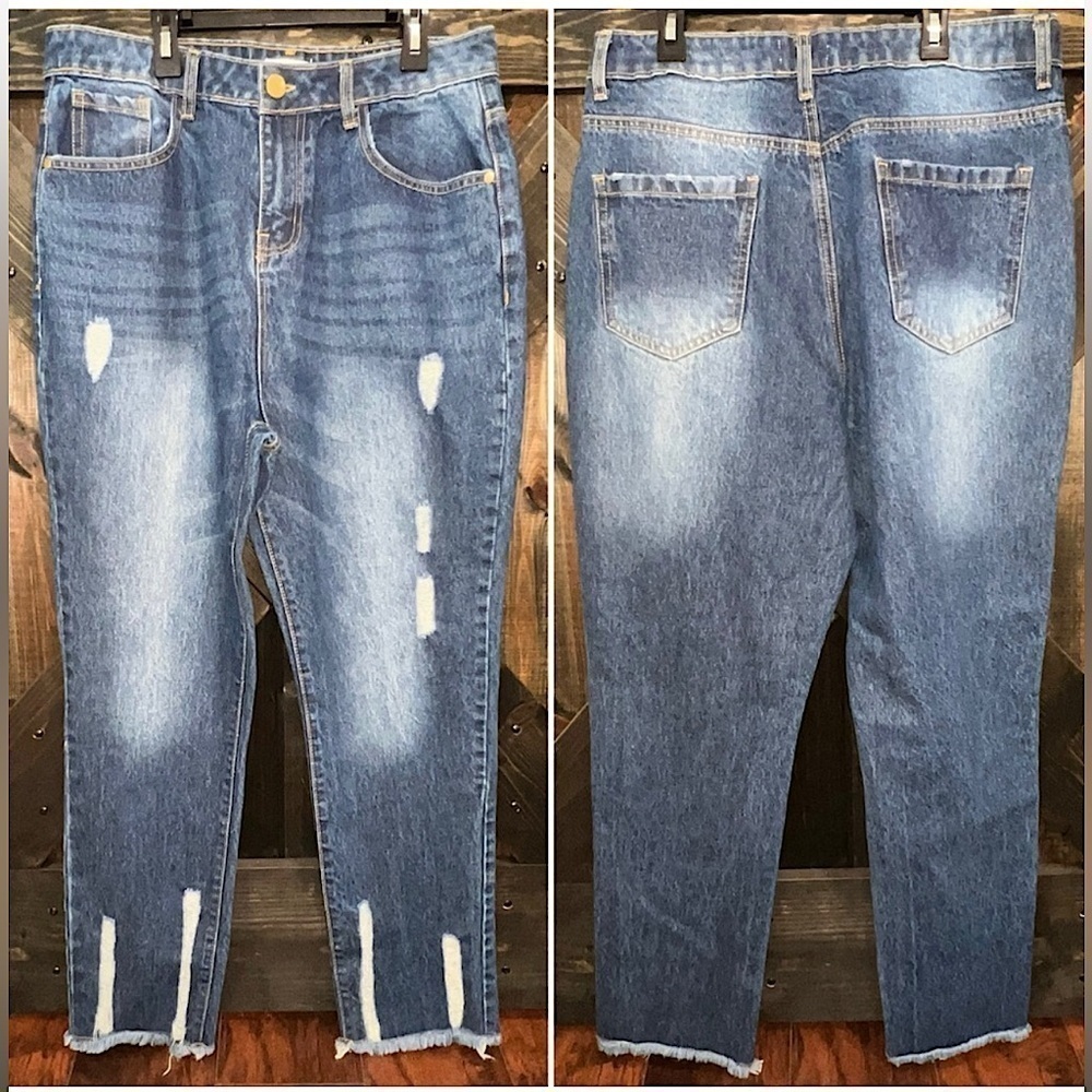 New Vintage Distressed Jeans 10 High Waist Ankle Fringe‎ Hem Skinny Denim Medium